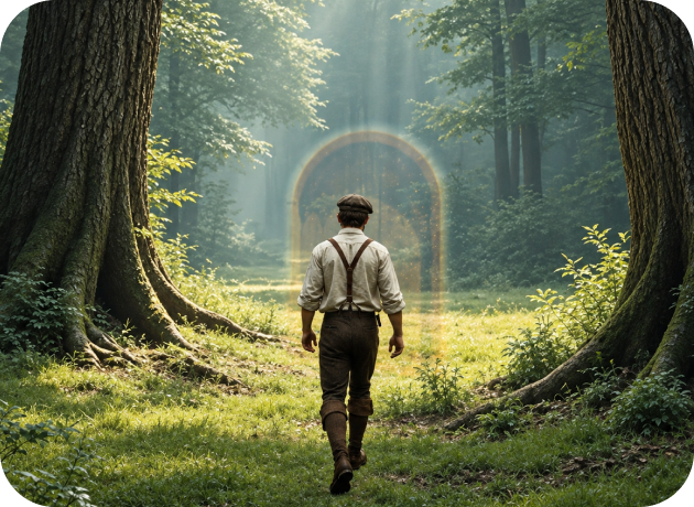 A man walking toward a glowing doorway in the forest