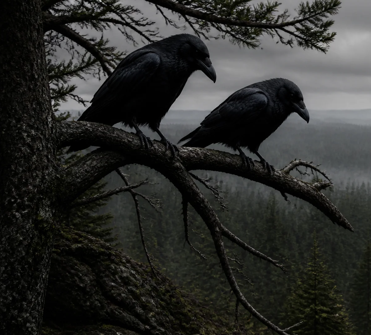 Two ravens perched on a bare branch in misty woodland