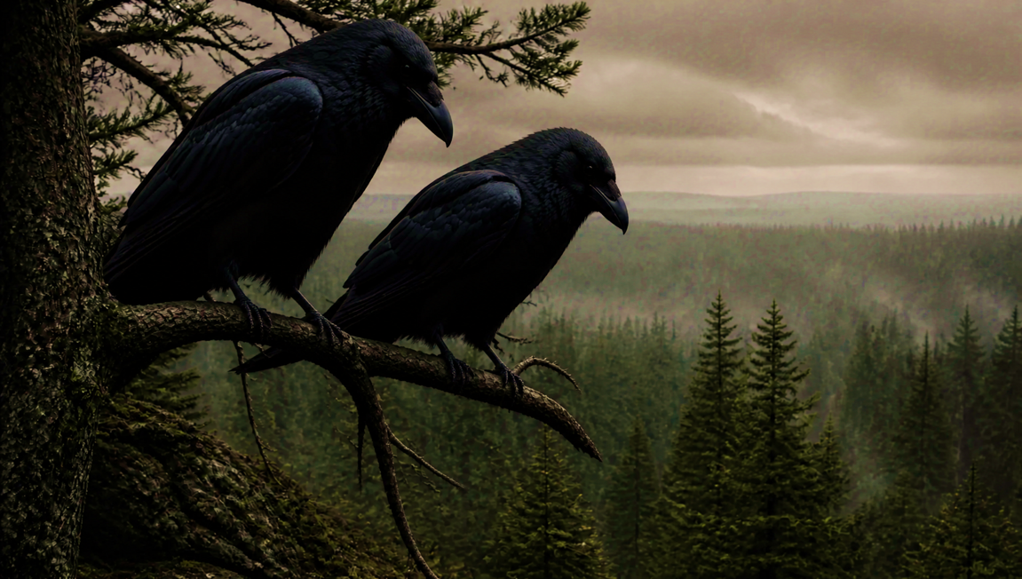 Two ravens perched on a bare branch in misty woodland
