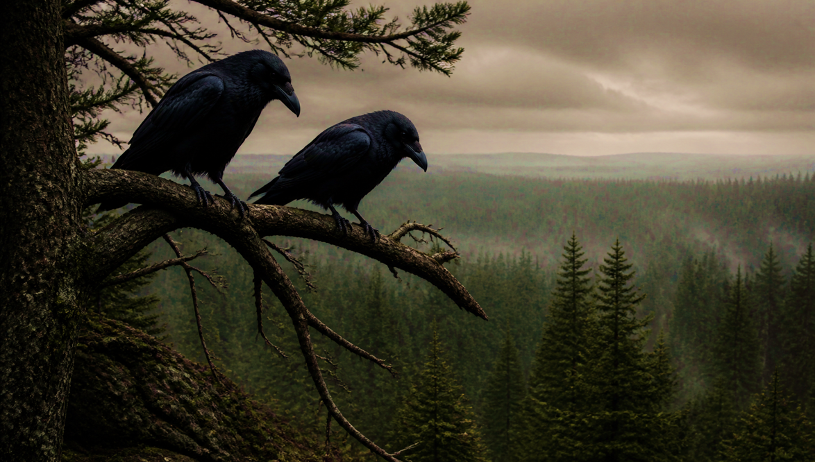 Two ravens perched on a bare branch in misty woodland