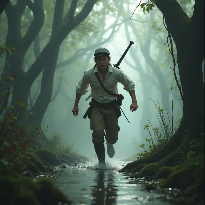 Archie Campbell running through the forest