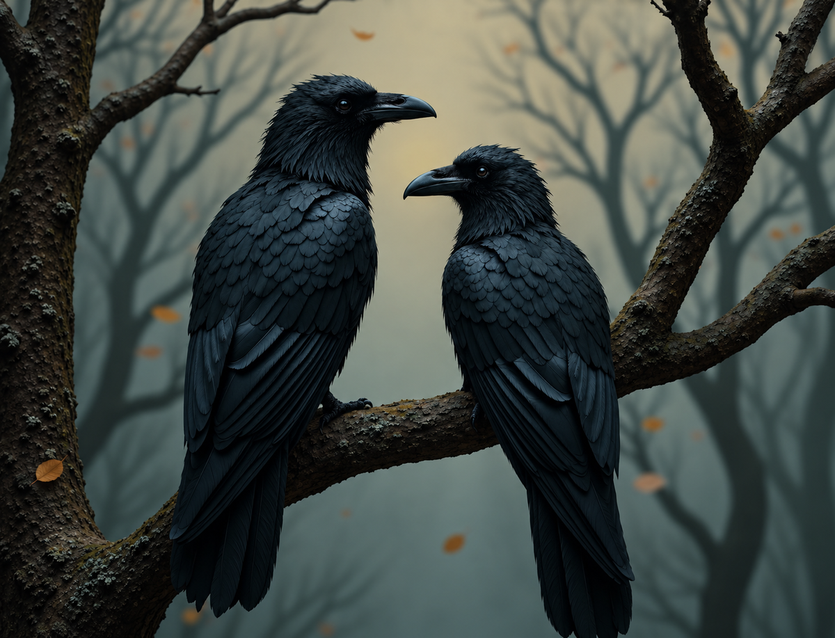 Two ravens perched on a bare branch in misty woodland